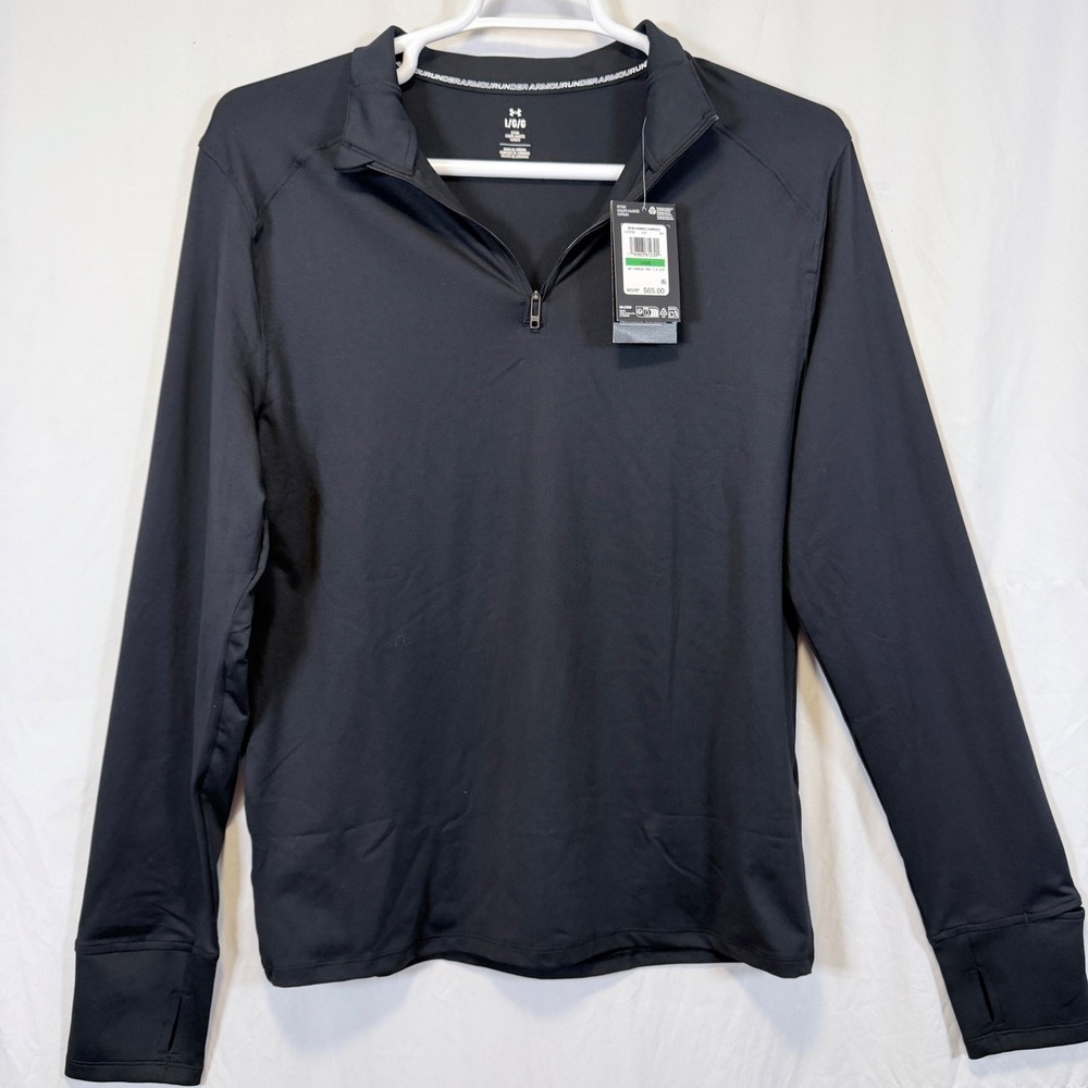 Under‎ Armour Pullover Quarter Zip Black Fitted Long Sleeve Thumbholes Size L